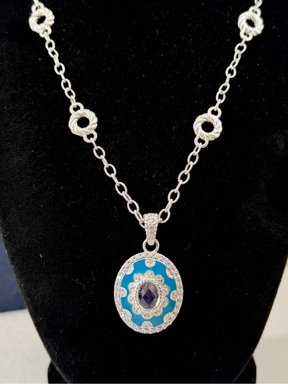 JUDITH RIPKA Sterling Silver Cable Twist Station Necklace & Blue Quartz Pendant